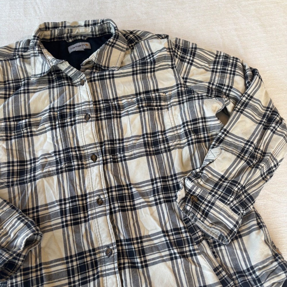 Carhartt Boys XL 16/18 Fleece Lined Flannel Shirt Jacket Black White Plaid